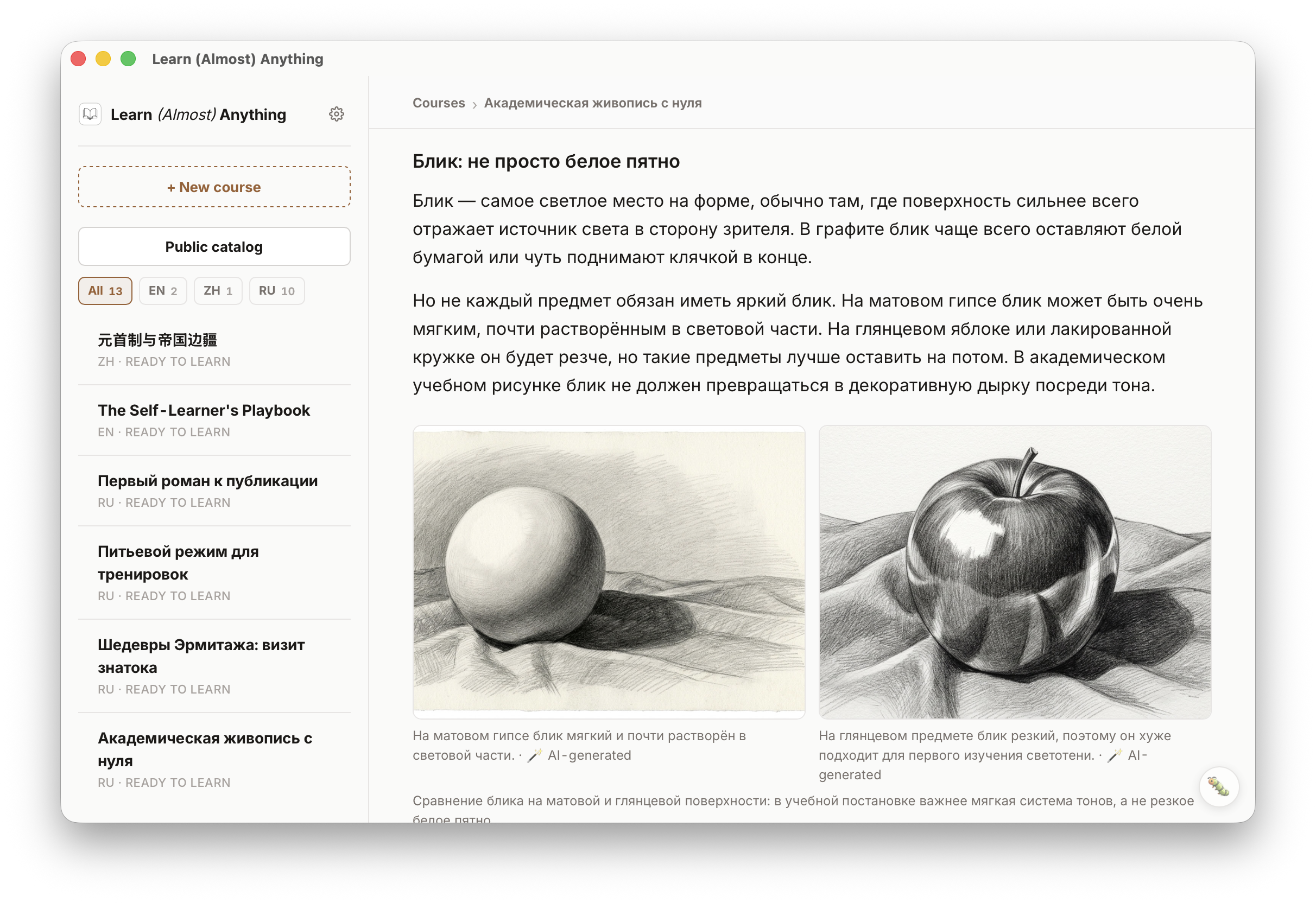 A generated lesson with two pencil drawing examples and captions.